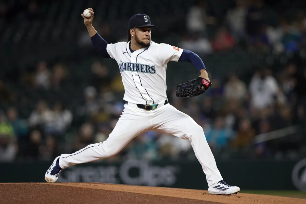 Seattle Mariners starting pitcher Luis Castillo pitching against the Athletics during the first inning at T-Mobile Park in Seattle, Washington on April 21, 2026.