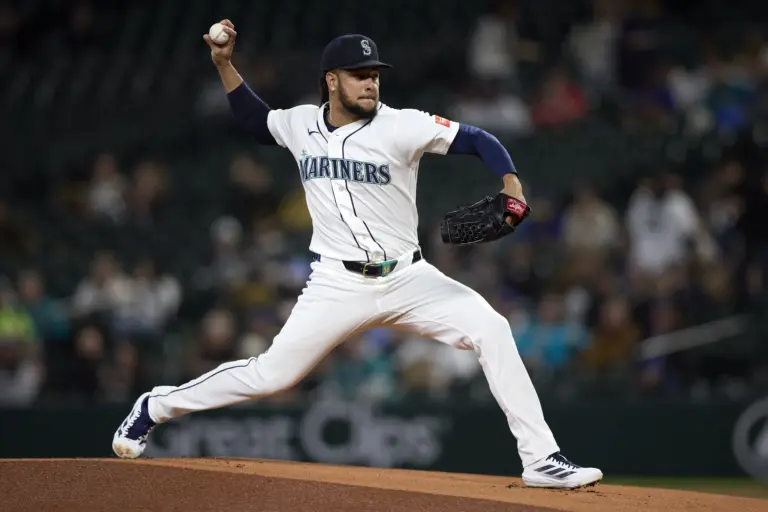 Seattle Mariners starting pitcher Luis Castillo pitching against the Athletics during the first inning at T-Mobile Park in Seattle, Washington on April 21, 2026.