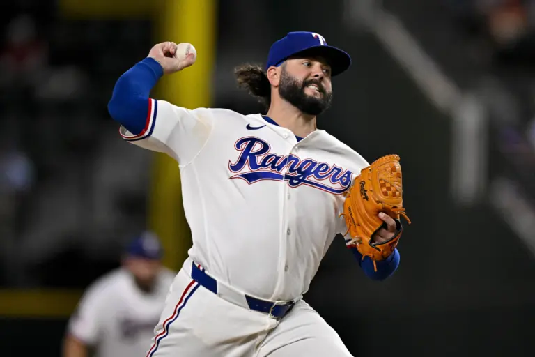 Texas Rangers relief pitcher Jakob Junis pitching against the Pittsburgh Pirates during the ninth inning at Globe Life Field in Arlington, Texas on April 21, 2026.