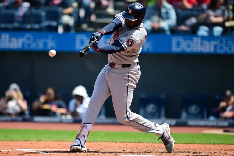 Houston Astros left fielder Yordan Alvarez hitting a single against the Cleveland Guardians during the third inning at Progressive Field on April 22, 2026.
