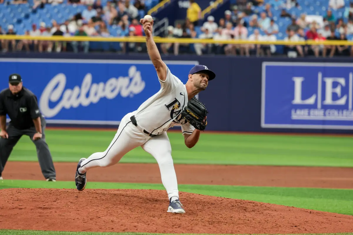 Tampa Bay Rays' pitcher Nick Martinez pitches during the second inning against the Cincinnati Reds at Tropicana Field in St. Petersburg, Florida on April 22, 2026.