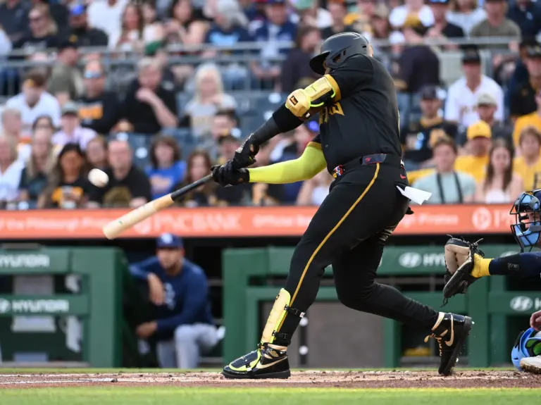 Pittsburgh Pirates designated hitter Marcell Ozuna hits a single in the second inning against the Tampa Bay Rays at PNC Park in Pittsburgh, Pennsylvania, on April 17, 2026.