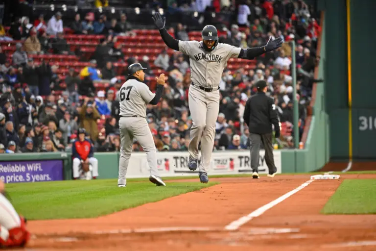 New York Yankees third baseman Amed Rosario celebrating after hitting a three-run home run against the Boston Red Sox on April 22, 2026 at Fenway Park in Boston Massachusetts.