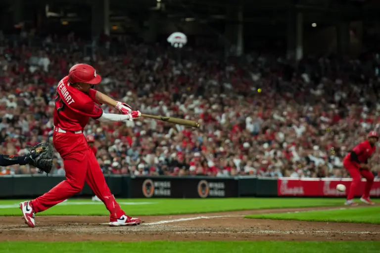 Cincinnati Reds first baseman Sal Stewart hitting a two-run single against the Detroit Tigers at Great American Ball Park in Cincinnati, Ohio on April 25, 2026.