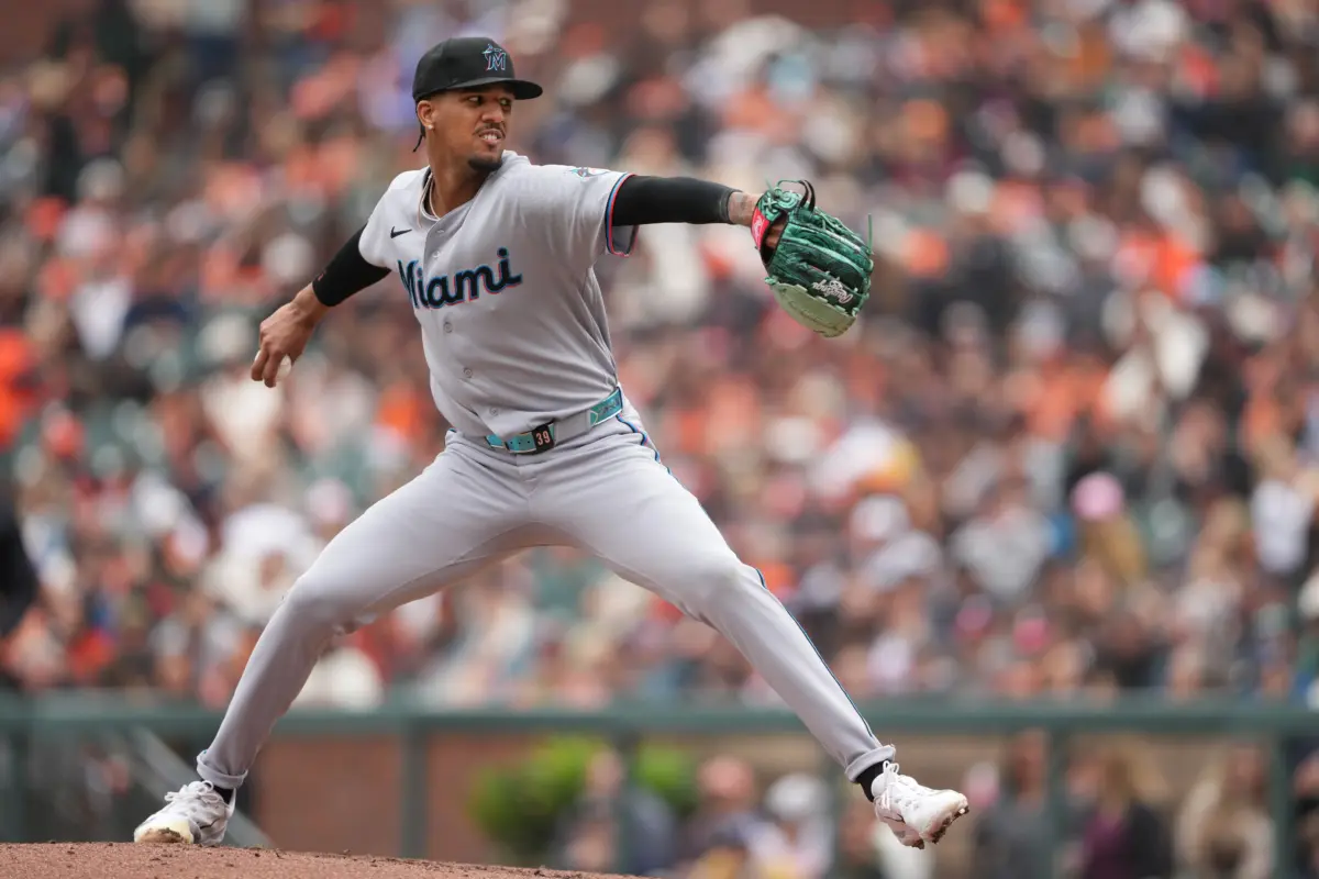 iami Marlins starting pitcher Eury Perez (39) throws a pitch against the San Francisco Giants