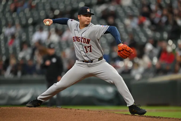 Houston Astros starting pitcher Kai-Wei Teng pitching in the second inning against the Baltimore Orioles at Oriole Park at Camden Yards on April 28, 2026, in Baltimore, Maryland.