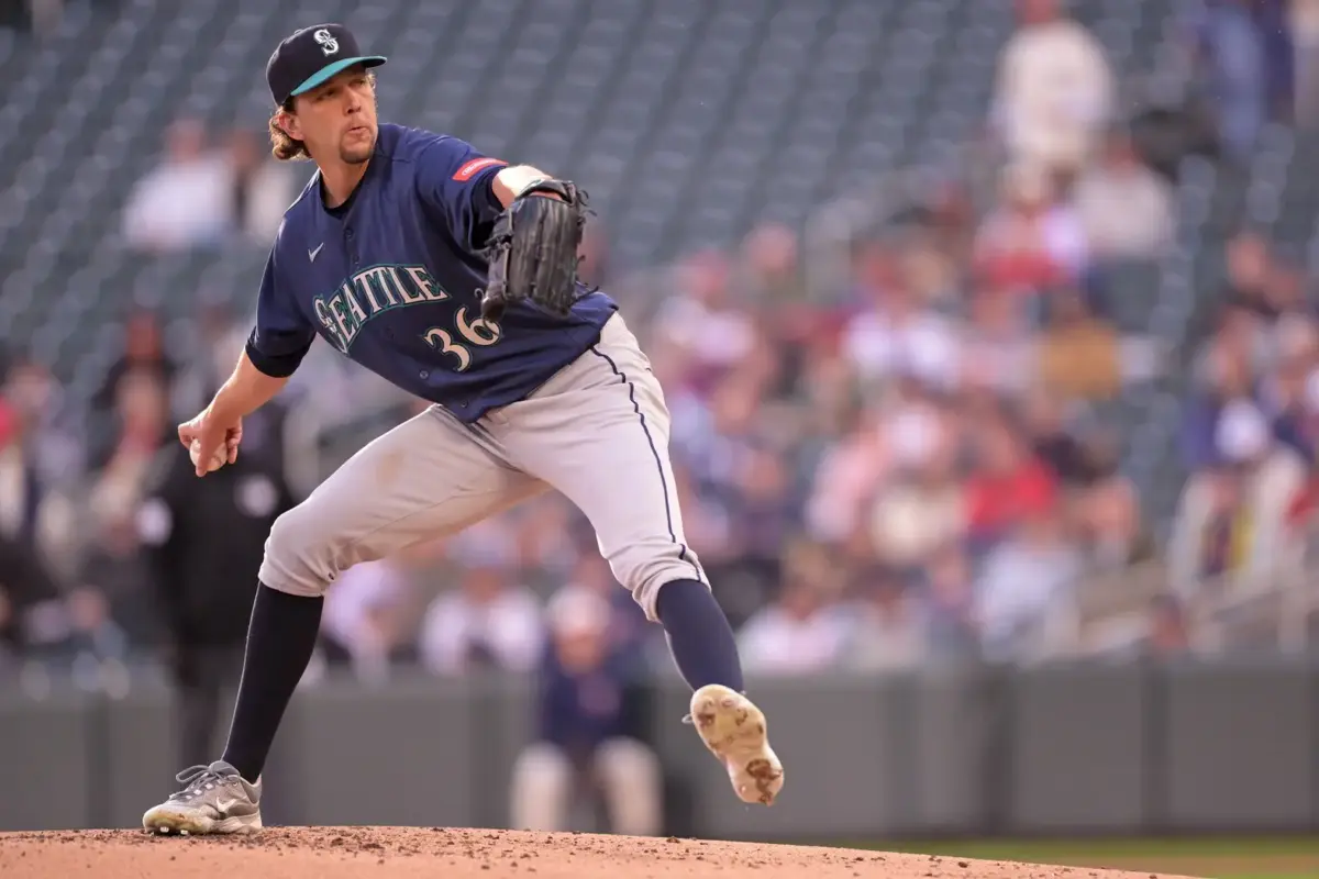 Mariners starting pitcher Logan Gilbert (36) delivers a pitch against the Minnesota Twins during the first inning at Target Field in an April 2026 game.