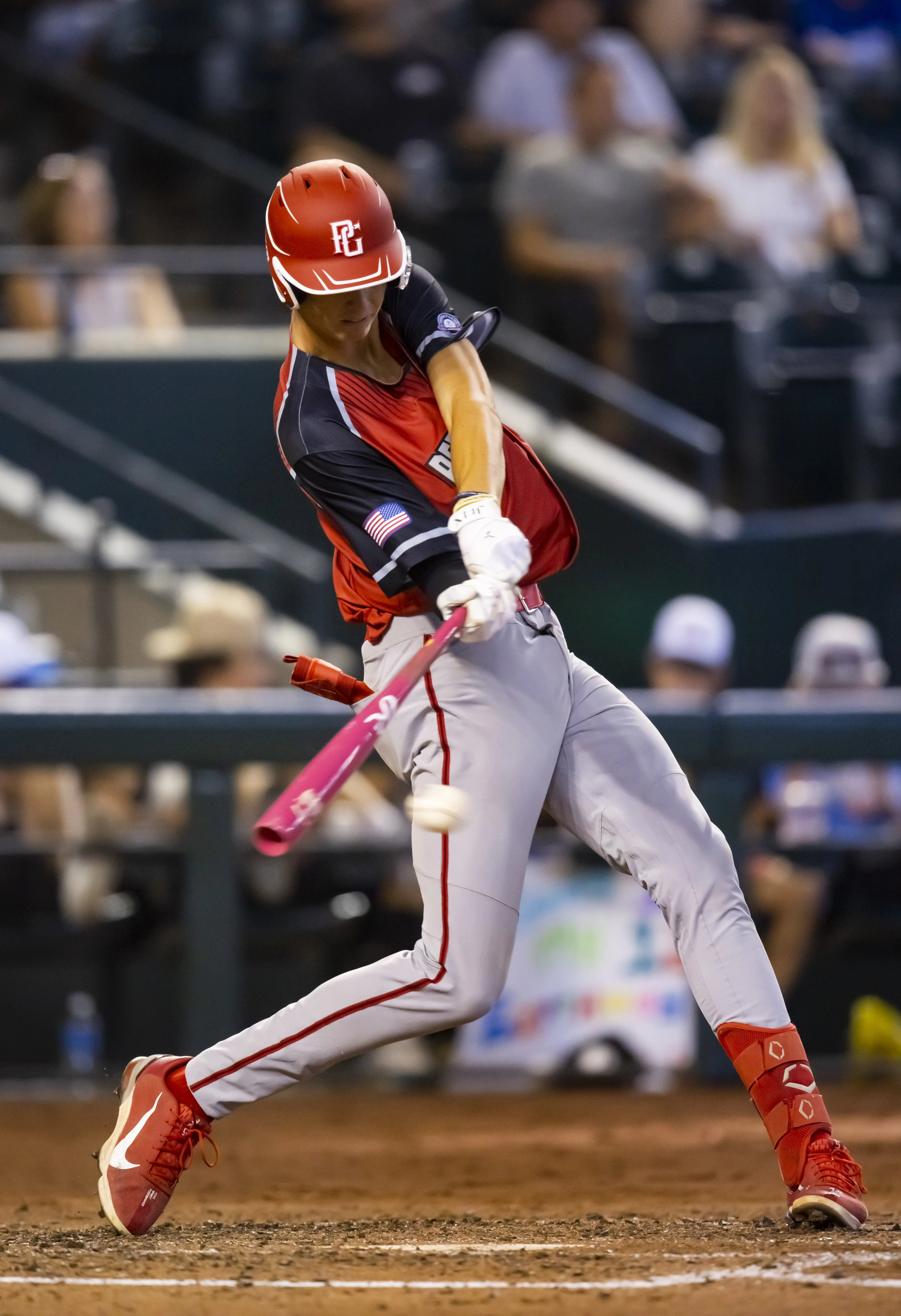 West outfielder Will Gasparino hitting for Team West during the Perfect Game All-American Classic high school baseball game at Chase Field in Phoenix, Arizona on August 28, 2022.