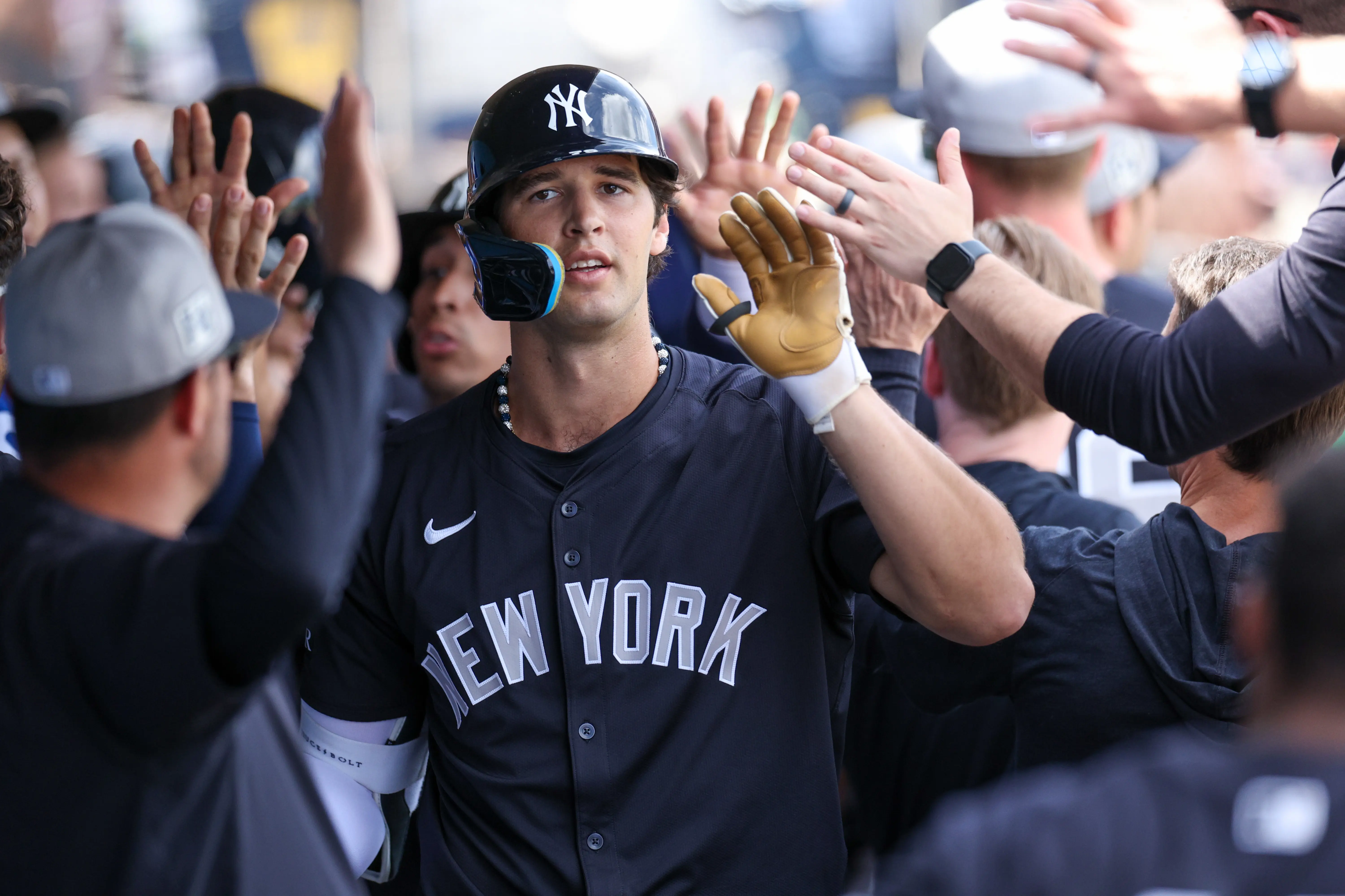 Yankees outfielder Spencer Jones (78) celebrates after hitting a three-run home run against the Philadelphia Phillies in the third inning during spring training at BayCare Ballpark.