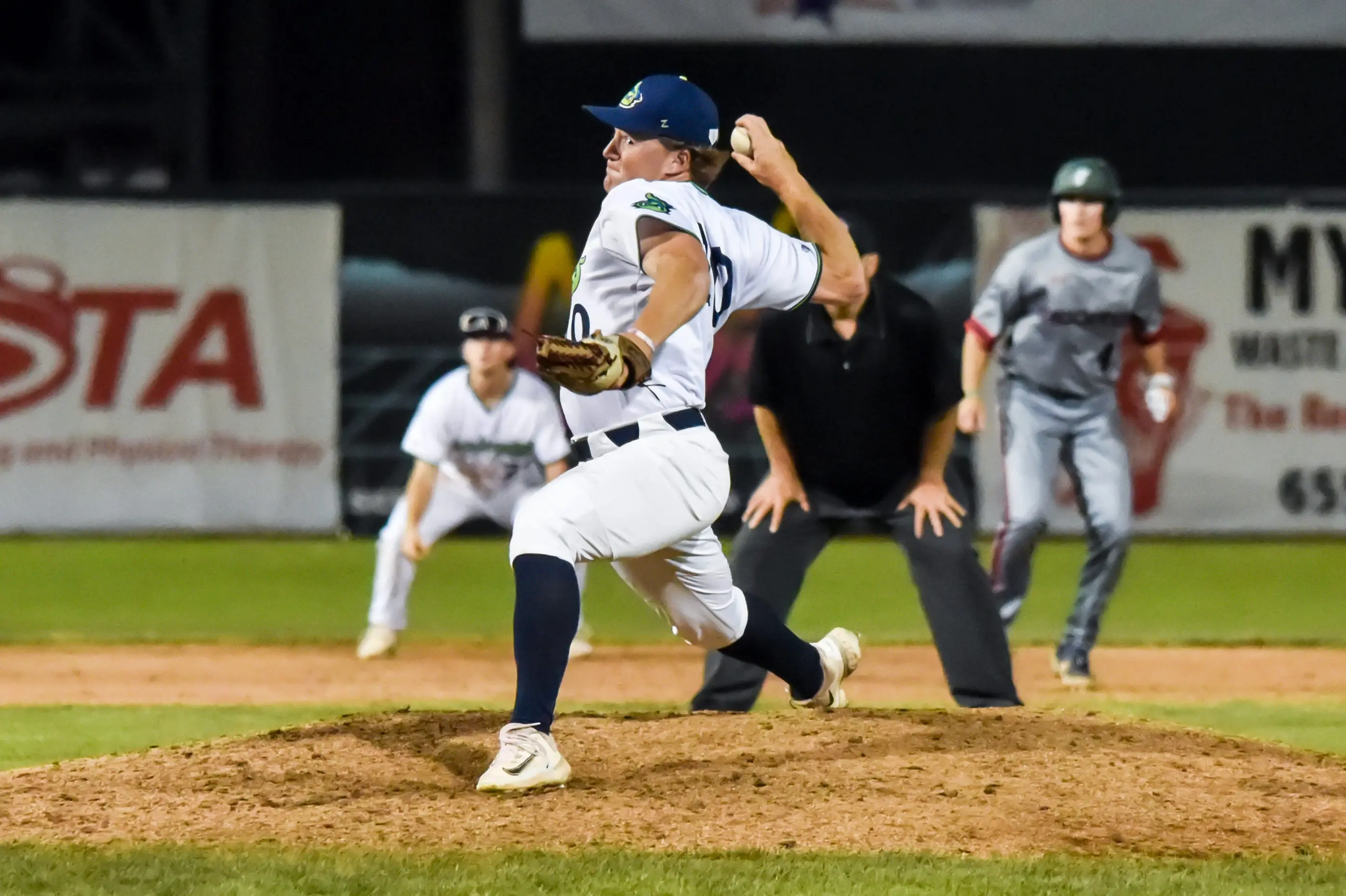 Vermont's Sean Gamble finishes up for the Lake Monsters during their 4-1 win over the Brockton Rox in FCBL league play at Centennial Field in 2024.