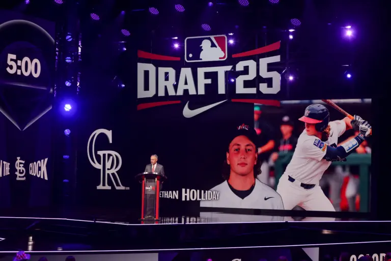 Ethan Holliday is drafted by the Colorado Rockies fourth overall during the first round of the 2025 MLB Draft at the Coca-Cola Roxy in Atlanta, Georgia, on July 13, 2025.