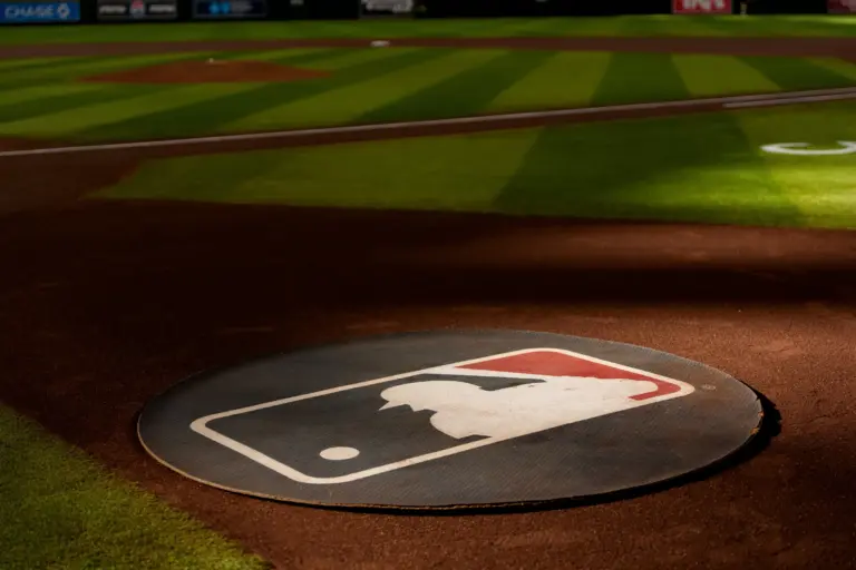A general view of the MLB logo on the on-deck circle at Chase Field.