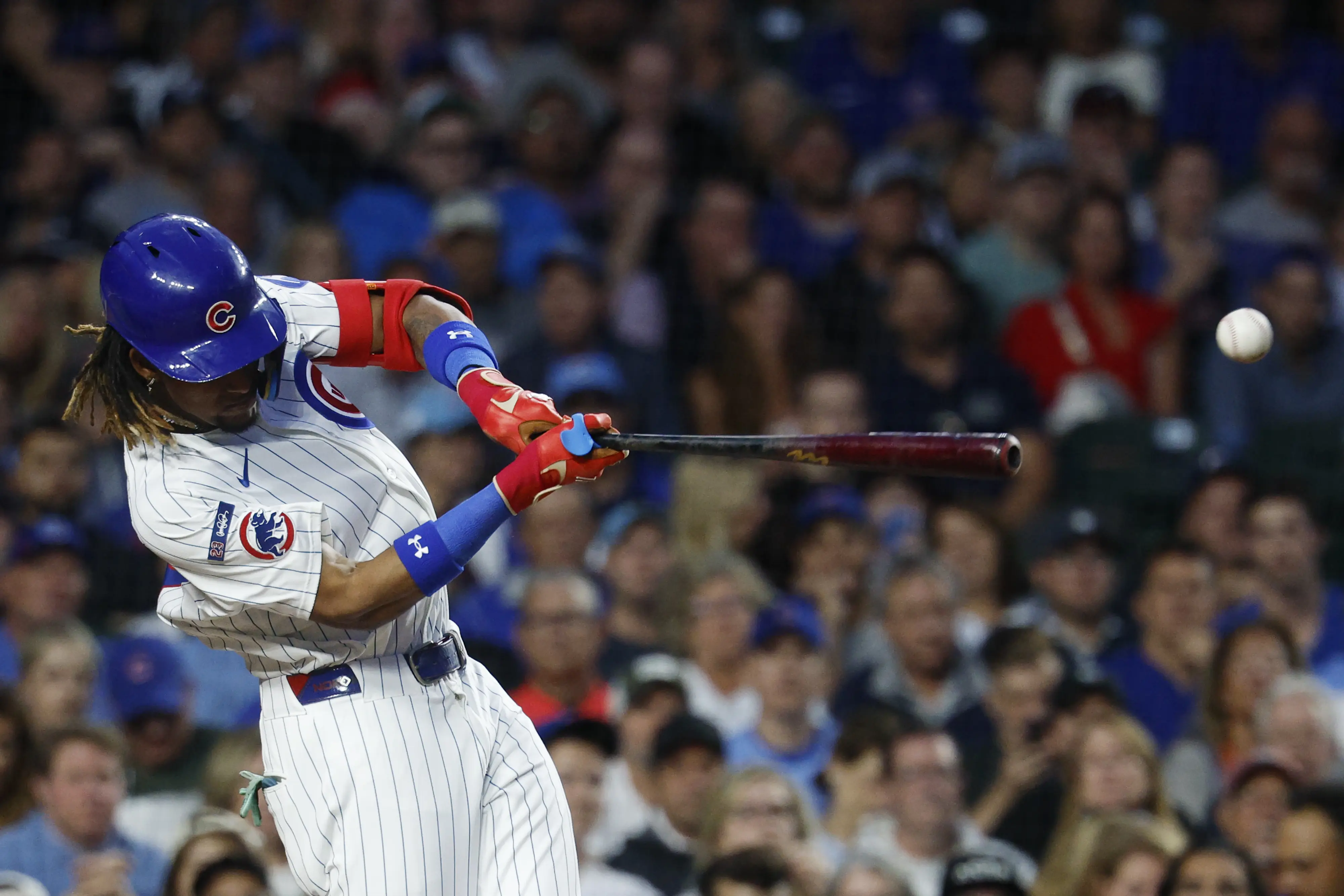 Chicago Cubs center fielder Kevin Alcantara singles against the Atlanta Braves during the third inning at Wrigley Field in Chicago, Illinois on September 5, 2025.