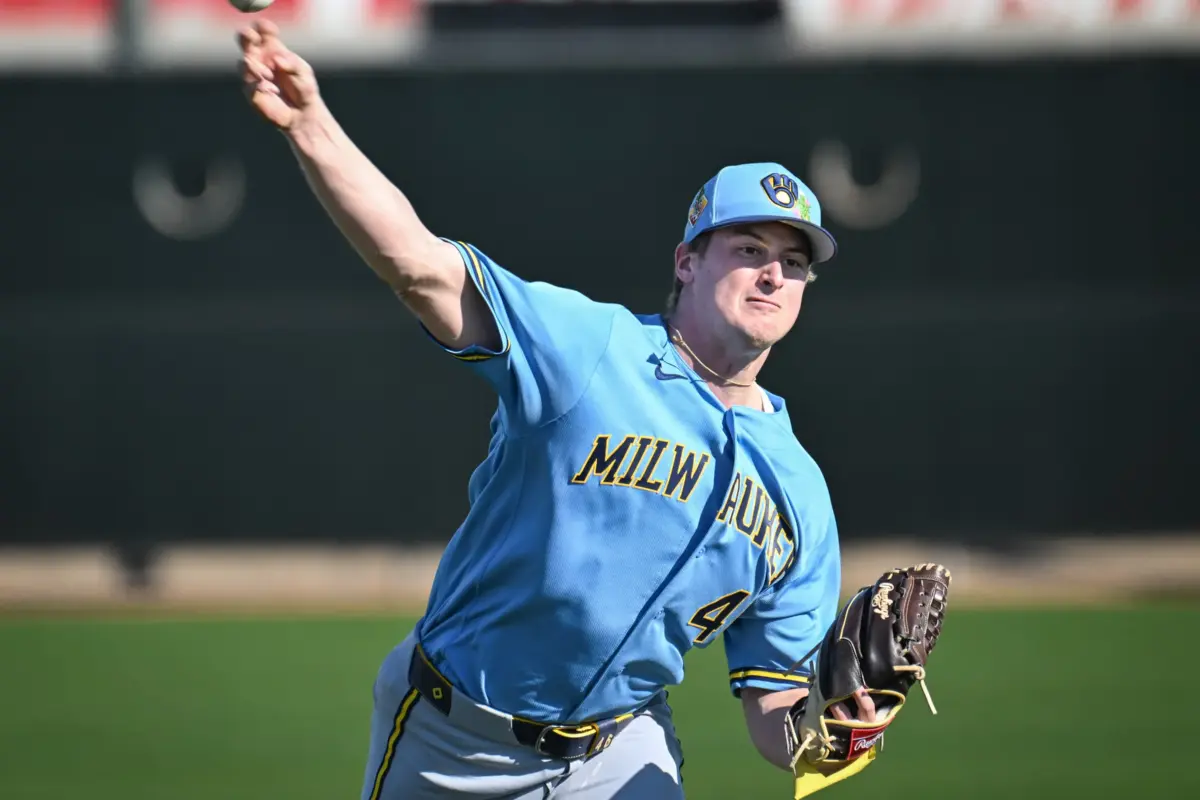Milwaukee Brewers pitcher Quinn Priester throws in the outfield during Spring Training workouts at American Family Fields of Phoenix in Phoenix, Arizona on February 14, 2026.