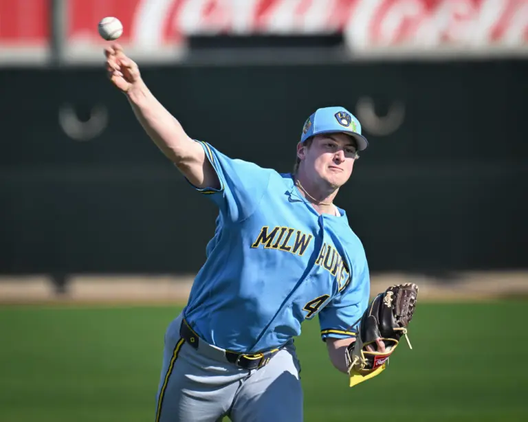 Milwaukee Brewers pitcher Quinn Priester throws in the outfield during Spring Training workouts at American Family Fields of Phoenix in Phoenix, Arizona on February 14, 2026.