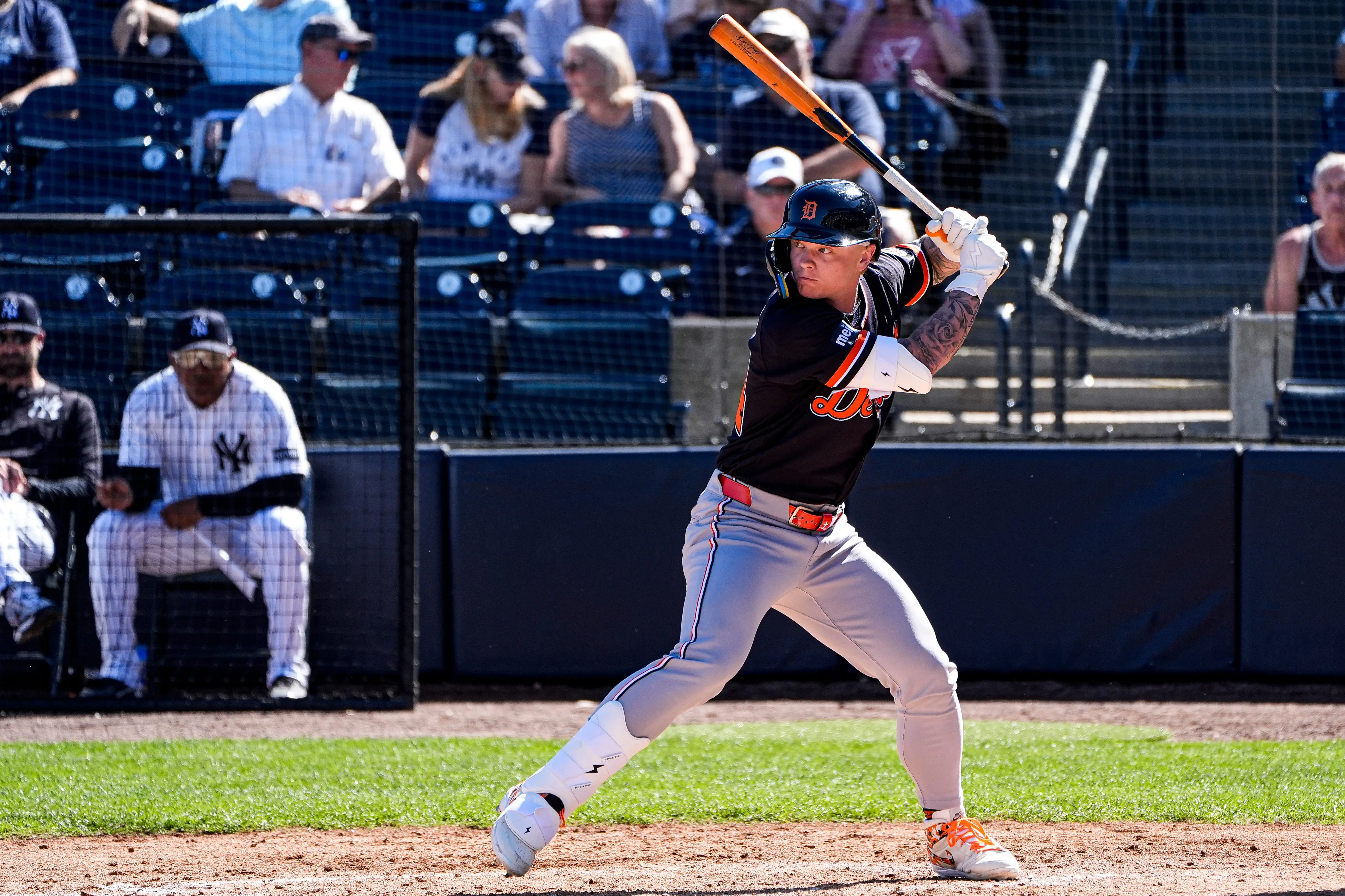 Detroit Tigers outfielder Max Clark batting against the New York Yankees during the fifth inning during Spring Training at George M. Steinbrenner Field in Tampa, Florida on February 21, 2026.