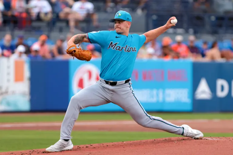 Miami Marlins starting pitcher Robby Snelling pitching against the New York Mets during the first inning during Spring Training at Clover Park in Port St. Lucie, Florida