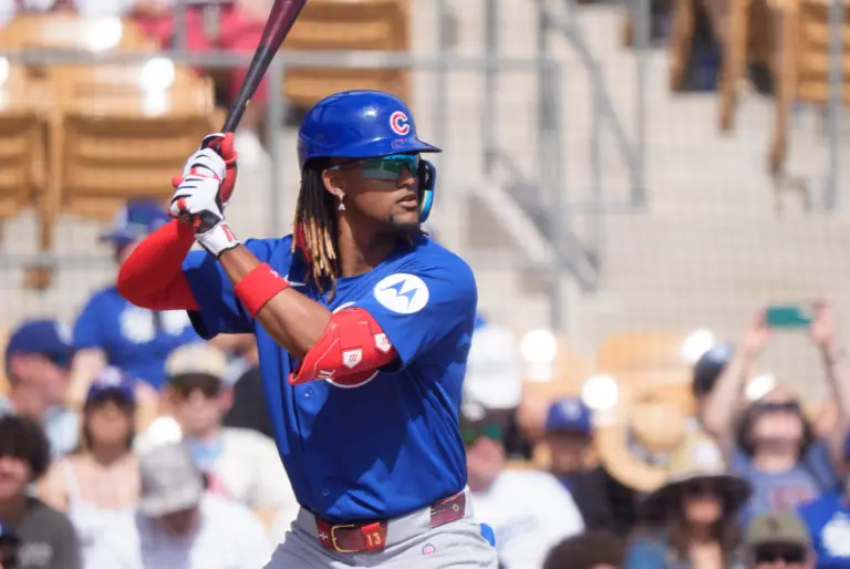 Chicago Cubs designated hitter Kevin Alcantara hitting during the first inning in Spring Training against the Los Angeles Dodgers at Camelback Ranch-Glendale on February 28, 2026.