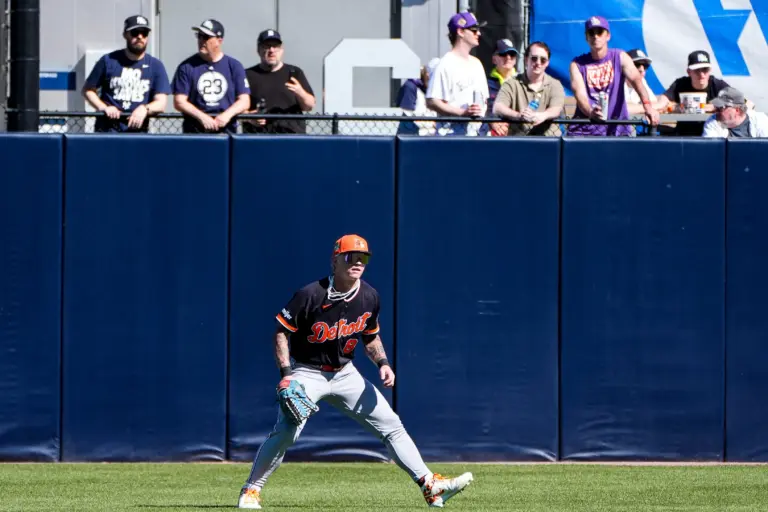 Detroit Tigers outfielder Max Clark vs the New York Yankees during Spring Training at George M. Steinbrenner Field in Tampa, Florida on February 21, 2026.