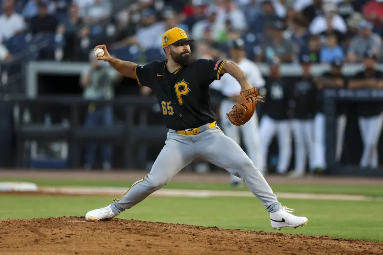 Pittsburgh Pirates reliever Jose Urquidy pitching against the New York Yankees during the third inning during Spring Training at George M. Steinbrenner Field in Tampa, Florida on March 9, 2026.