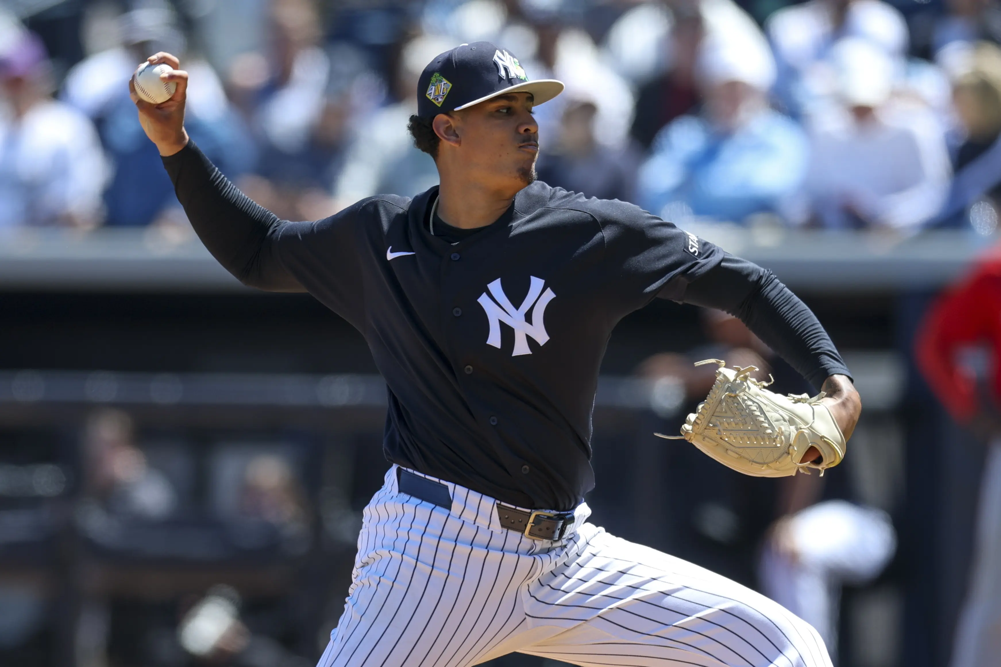 New York Yankees pitcher Carlos Lagrange pitching against the Boston Red Sox in the fifth inning during Spring Training at George M. Steinbrenner Field in Tampa, Florida on March 18, 2026.
