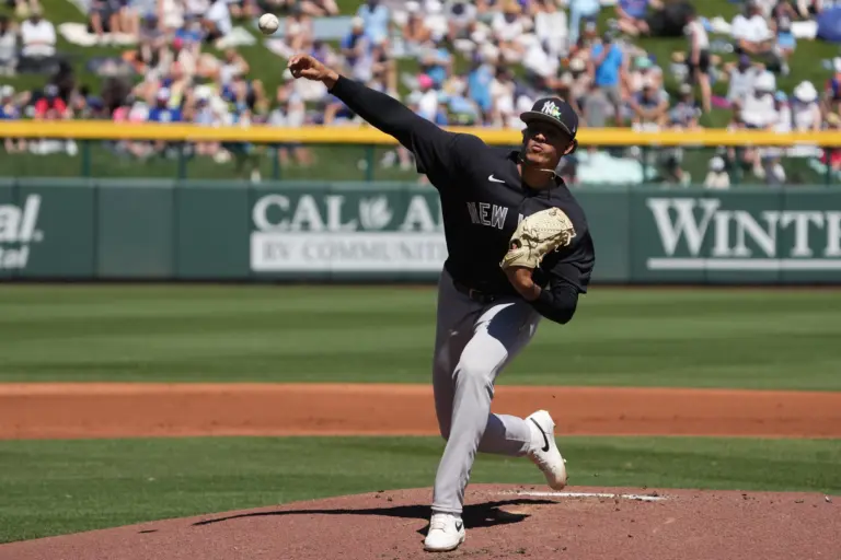 New York Yankees pitcher Carlos Lagrange pitching against the Chicago Cubs during the first inning during Spring Training at Sloan Park in Mesa, Arizona on March 23, 2026.