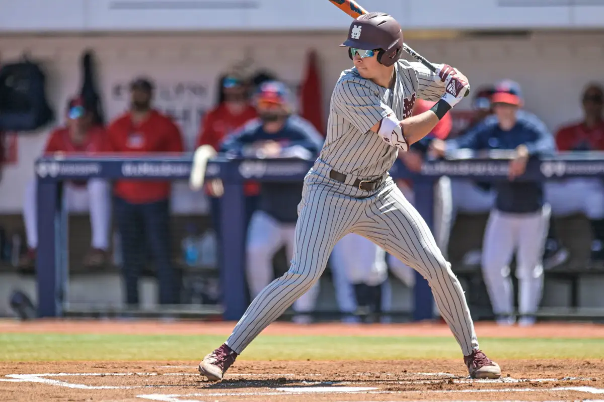 Mississippi State's Ace Reese batting against Ole Miss in Oxford, Mississippi on March 28, 2026.
