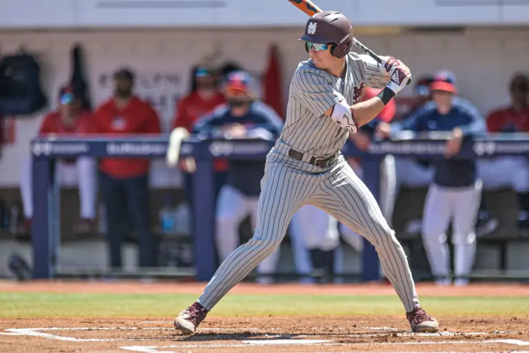 Mississippi State's Ace Reese batting against Ole Miss in Oxford, Mississippi on March 28, 2026.