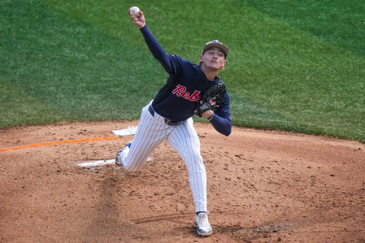 Ole Miss pitcher Cade Townsend pitches during an NCAA baseball game between Tennessee and Ole Miss at Lindsey Nelson Stadium on April 18, 2026.