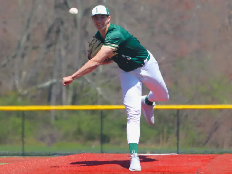 Bishop Feehan's Brody Bumila pitching against Taunton on April 23, 2026.