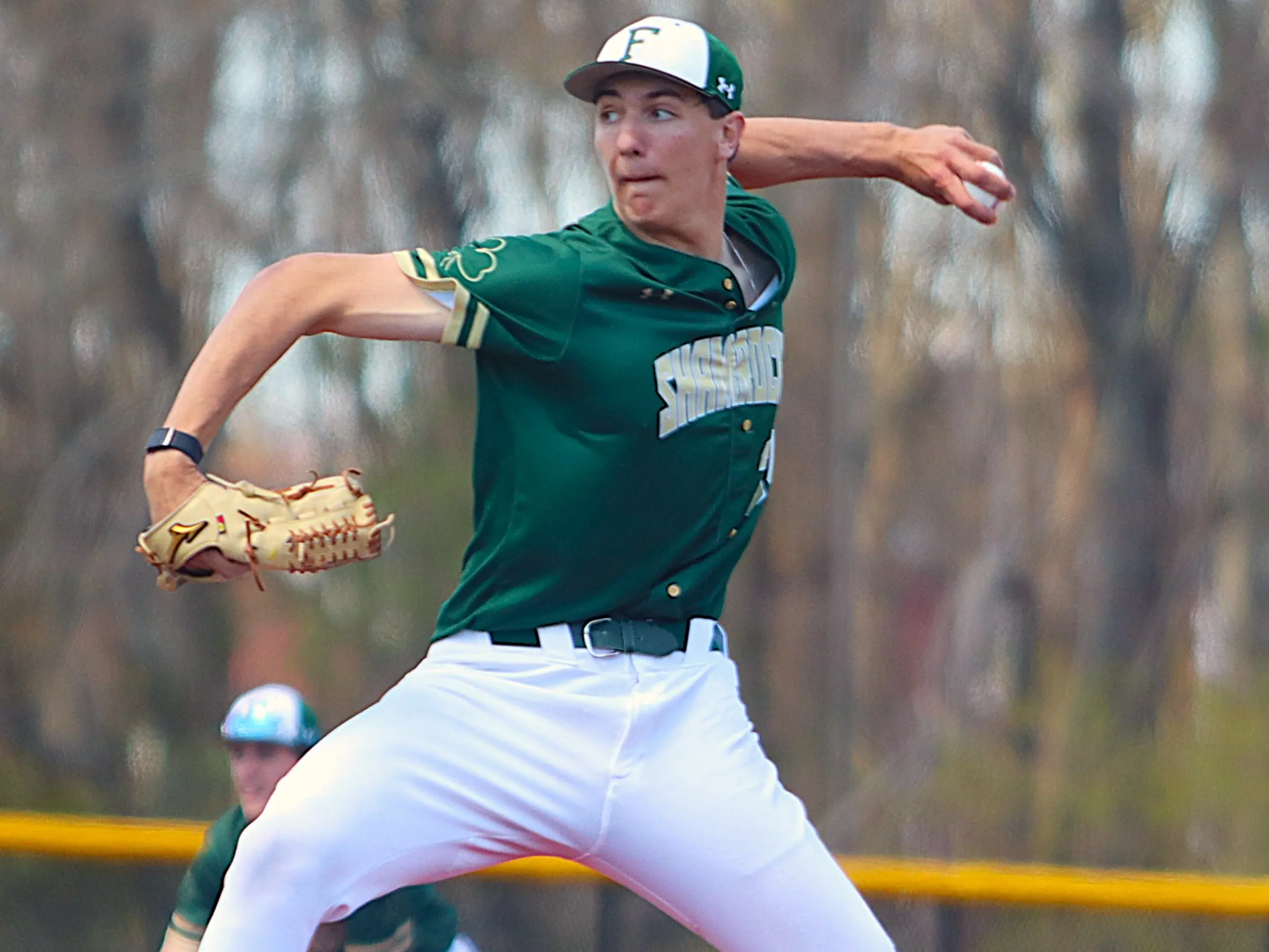Bishop Feehan's Brody Bumila pitching against Taunton on April 23, 2026.