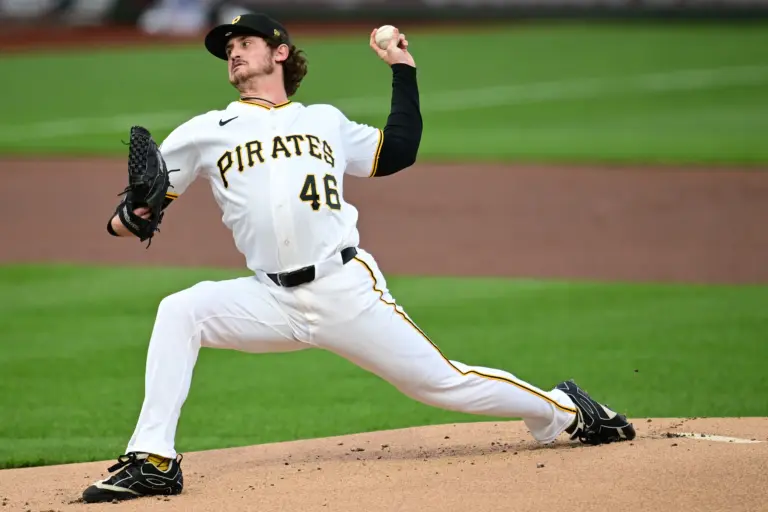 Pittsburgh Pirates reliever Mason Montgomery pitching against the St. Louis Cardinals during the first inning at PNC Park in Pittsburgh, Pennsylvania on April 27, 2026.