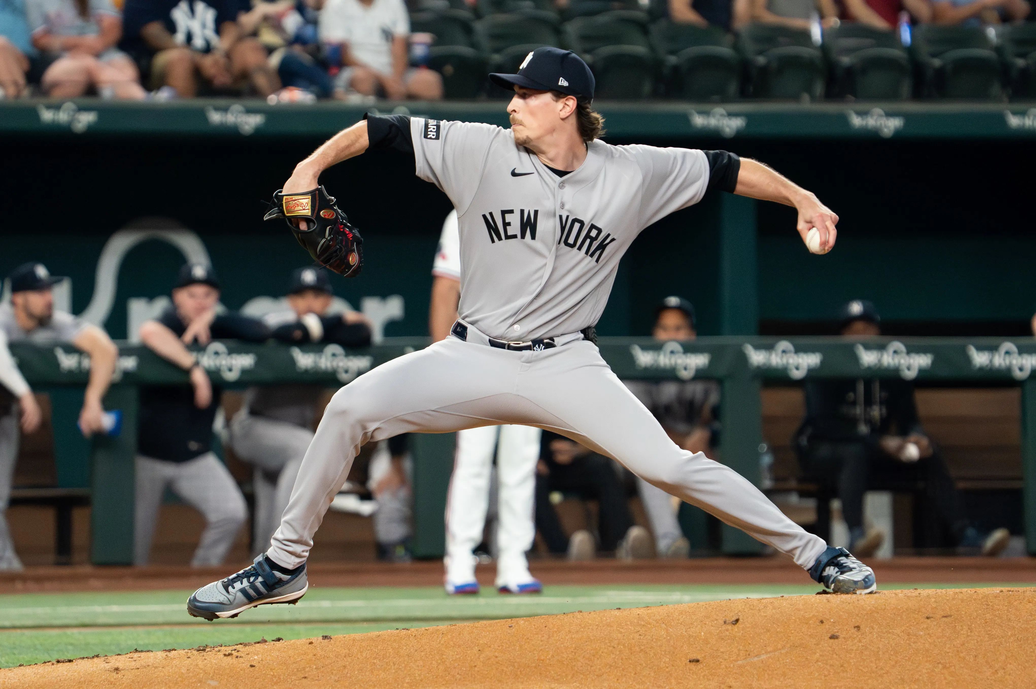 New York Yankees starting pitcher Max Fried pitching against the Texas Rangers during the first inning at Globe Life Field in Arlington, Texas on April 27, 2026.