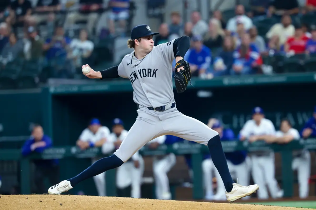 New York Yankees starting pitcher Cam Schlittler pitching against the Texas Rangers during the first inning at Globe Life Field in Arlington, Texas on April 28, 2026.