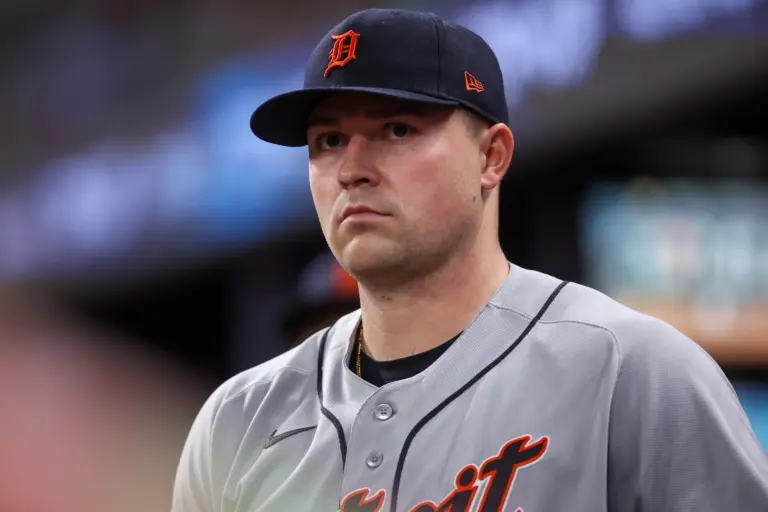 Detroit Tigers starting pitcher Tarik Skubal in the dugout against the Atlanta Braves during the seventh inning at Truist Park in Atlanta, Georgia on April 29, 2026.