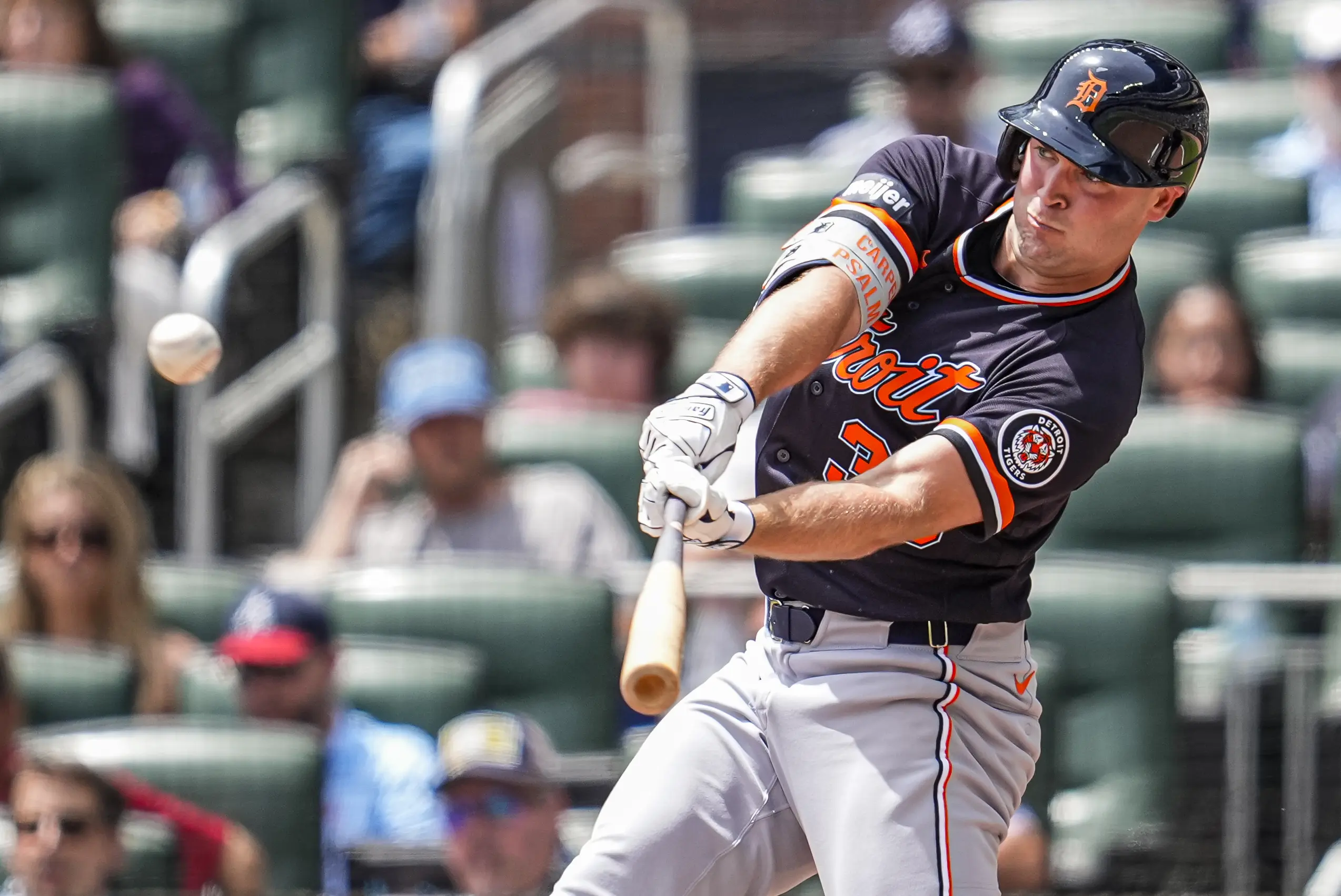 Detroit Tigers right fielder Kerry Carpenter hitting a triple against the Atlanta Braves during the eighth inning at Truist Park in Atlanta, Georgia on April 30, 2026.