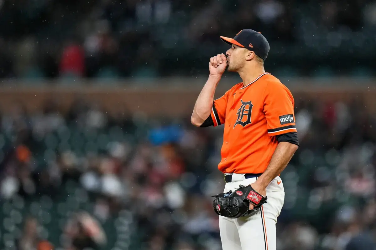 Detroit Tigers starter Jack Flaherty (9) looks on before pitching against Texas Rangers during the third inning at in a May 2026 game.
