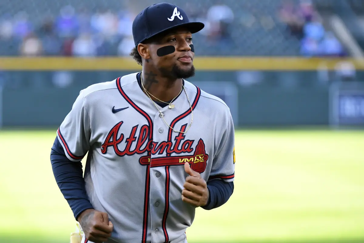 Atlanta Braves outfielder Ronald Acuna Jr. jogging on the field before the game against the Colorado Rockies at Coors Field in Denver, Colorado on May 1, 2026.