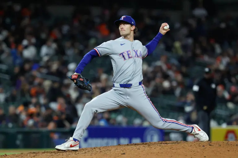 Rangers pitcher Jacob Latz (67) pitches in the ninth inning against the Detroit Tigers at Comerica Park.