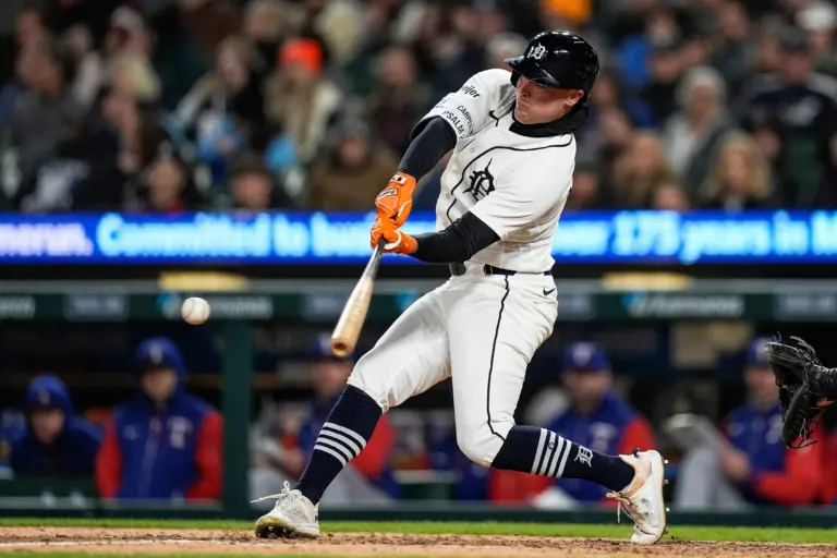 Detroit Tigers right fielder Kerry Carpenter during an at-bat against the Texas Rangers in the seventh inning at Comerica Park in Detroit, Michigan on May 2, 2026.