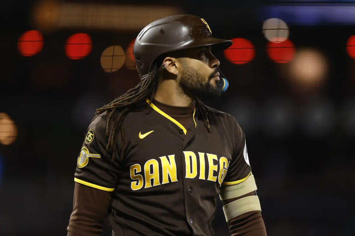 Fernando Tatis Jr. looking on after striking out against the San Francisco Giants during the 9th inning at Oracle Park in San Francisco, California on May 4, 2026.