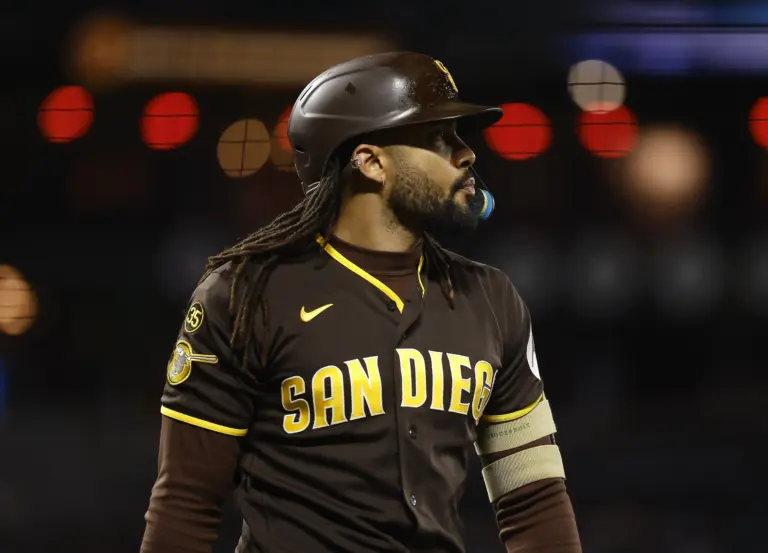 Fernando Tatis Jr. looking on after striking out against the San Francisco Giants during the 9th inning at Oracle Park in San Francisco, California on May 4, 2026.