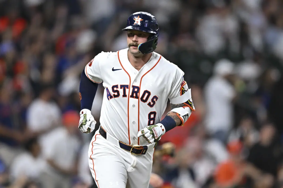 Houston Astros designated hitter Christian Walker running down the first base line after hitting a solo home run in the second inning against the Los Angeles Dodgers at Daikin Park in Houston, Texas, on May 5, 2026.