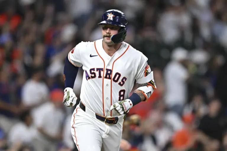 Houston Astros designated hitter Christian Walker running down the first base line after hitting a solo home run in the second inning against the Los Angeles Dodgers at Daikin Park in Houston, Texas, on May 5, 2026.