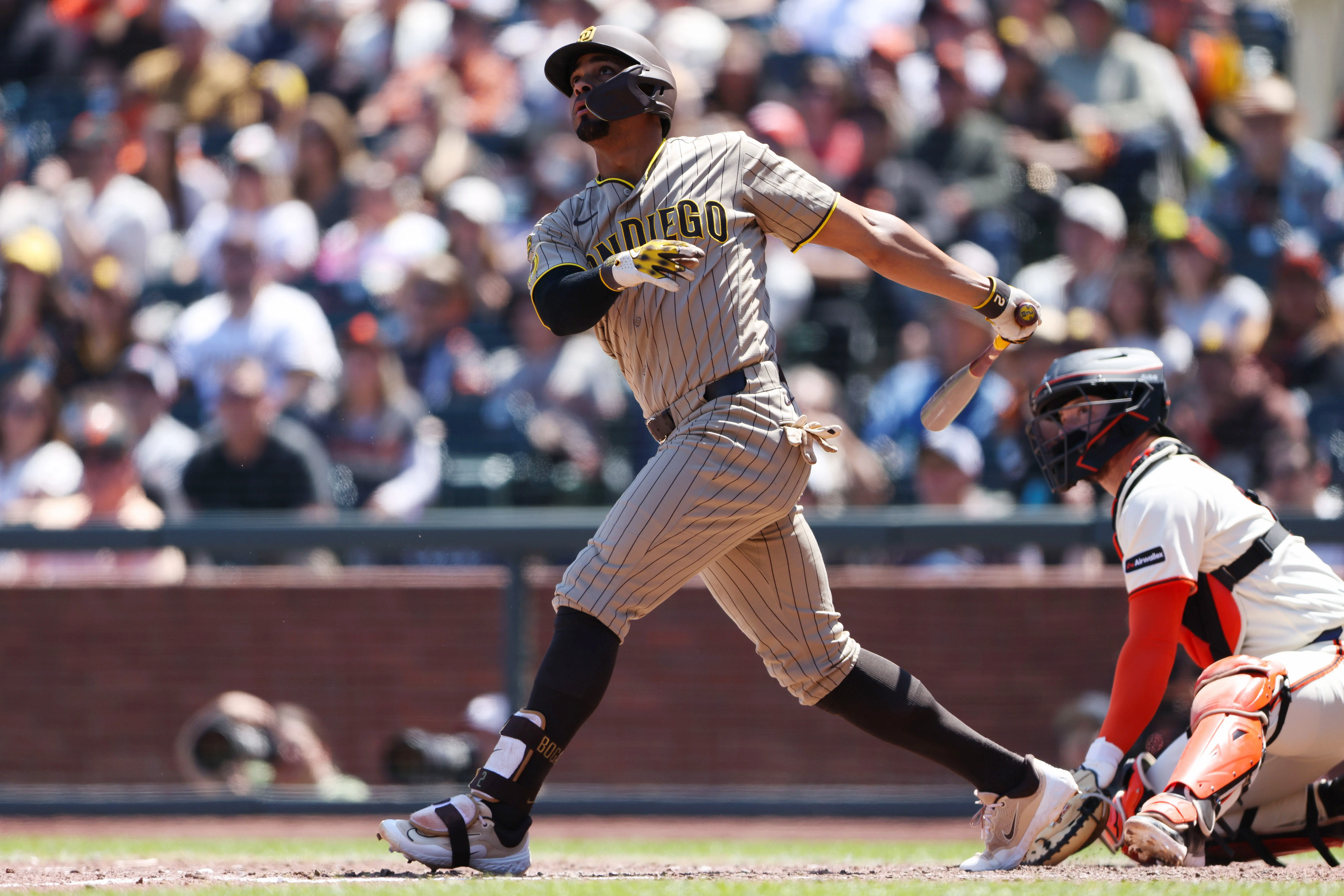 San Diego Padres shortstop Xander Bogaerts looking on after hitting a two-run home run in the eighth inning against the San Francisco Giants at Oracle Park in San Francisco, California on May 6, 2026.