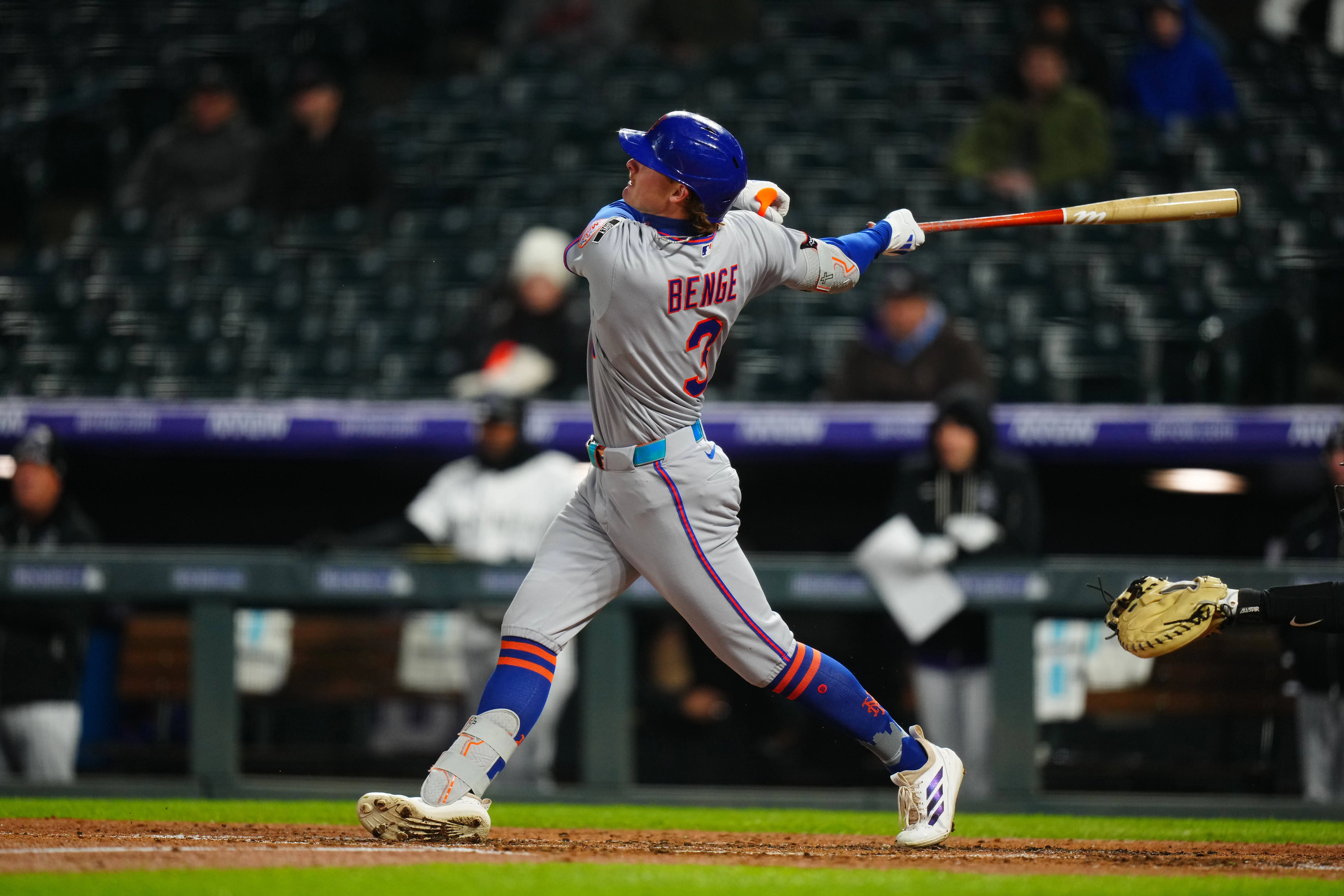 New York Mets center fielder Carson Benge hitting a two-run single in the fourth inning against the Colorado Rockies at Coors Field in Denver, Colorado on May 6, 2026.