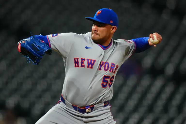 New York Mets reliever Sean Manaea delivering a pitch against the Colorado Rockies during the ninth inning at Coors Field in Denver, Colorado on May 6, 2026.