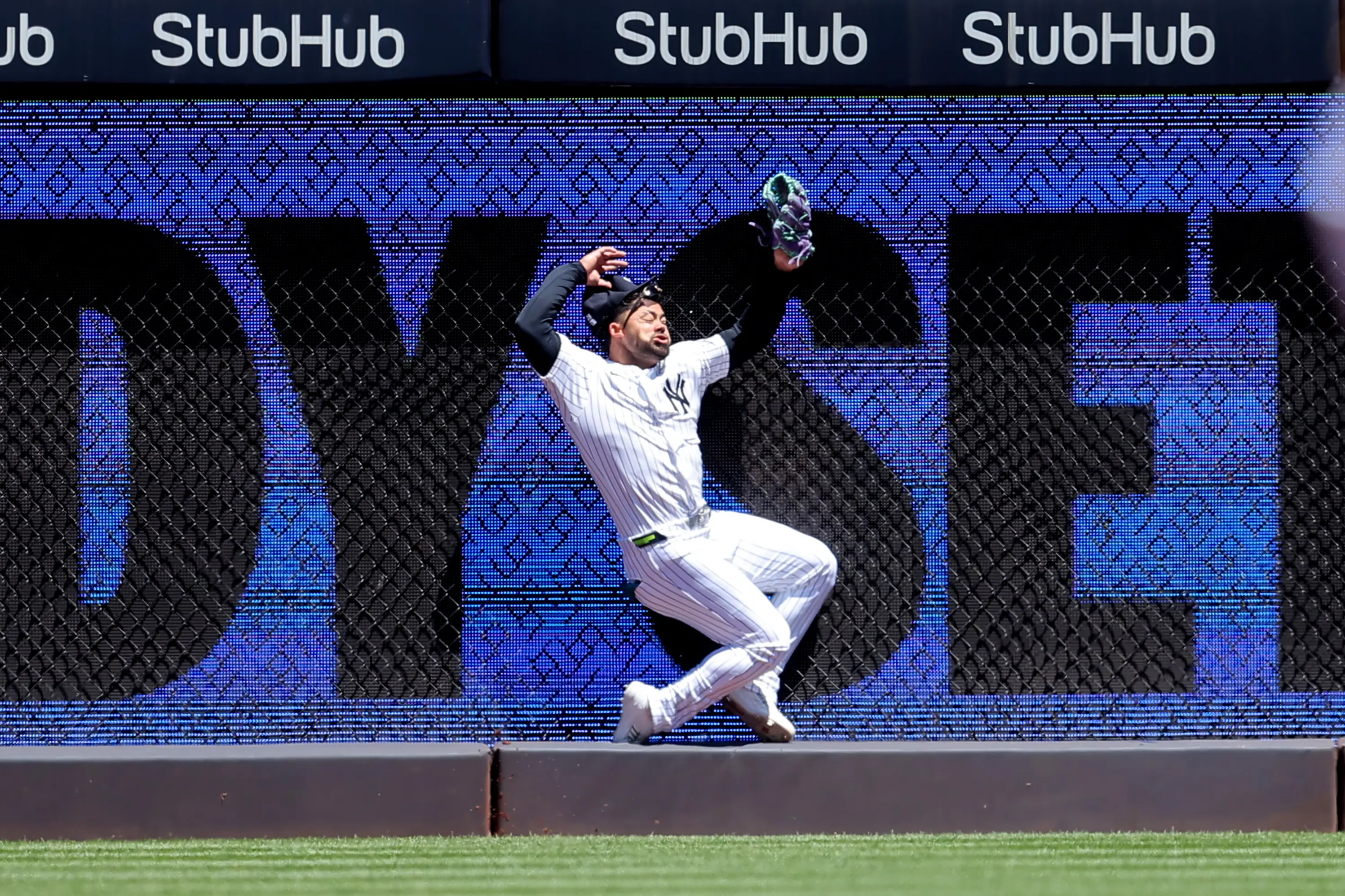 Yankees left fielder Jasson Dominguez (24) makes a catch against the wall on a fly ball by Texas Rangers designated hitter Brandon Nimmo (not pictured) during the first inning at Yankee Stadium. Dominguez was injured on the play and taken out of the game.
