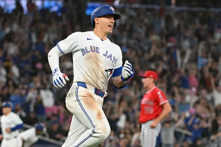 Blue Jays catcher Brandon Valenzuela (59) hits a three run home run at Rogers Centre.