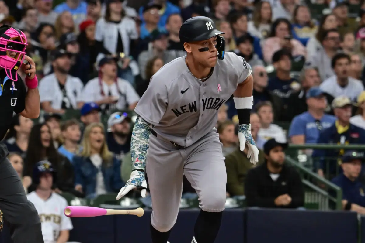Yankees designated hitter Aaron Judge (99) watches after hitting a solo home run in the first inning against the Milwaukee Brewers at American Family Field.